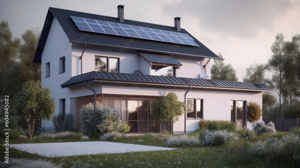 Brand new house with solar panels on the roof, symbolizing clean energy under a sunny sky. Created by AI