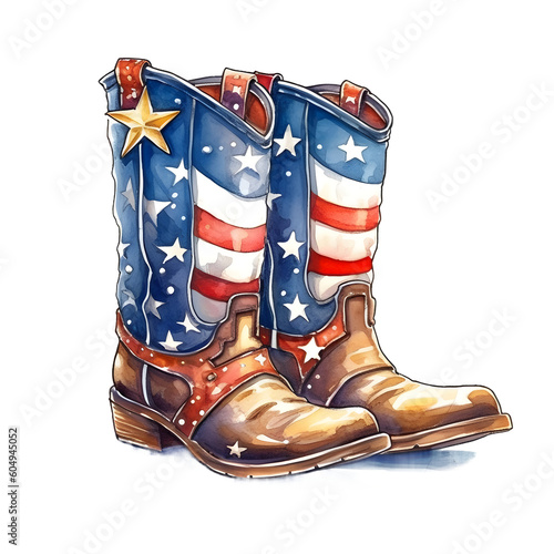 4th of July Cowboy Boots, Western Boots, Patriotic, Watercolor Clipart, made with generative AI 