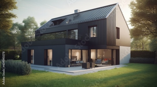 Brand new house with solar panels on the roof, symbolizing clean energy under a sunny sky. Created by AI © qntn