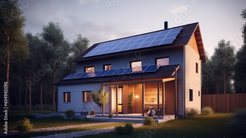 Newly constructed residence showcasing dark solar panels, a step towards sun energy. Created by AI