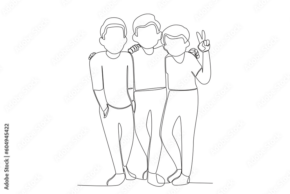 Friendship of three boys. Friendship Day one-line drawing