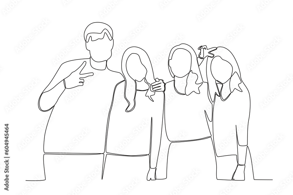 Four friends posing for the camera. Friendship Day one-line drawing Four friends posing for the camera. Friendship Day one-line drawing