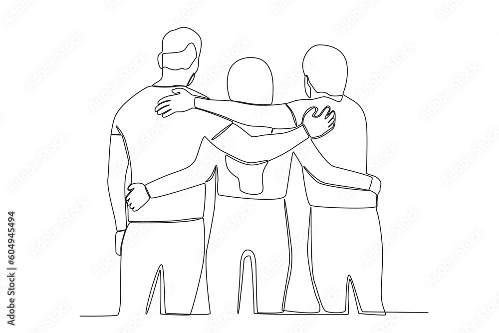 Three friends take a photo from behind. Friendship Day one-line drawing Three friends take a photo from behind. Friendship Day one-line drawing