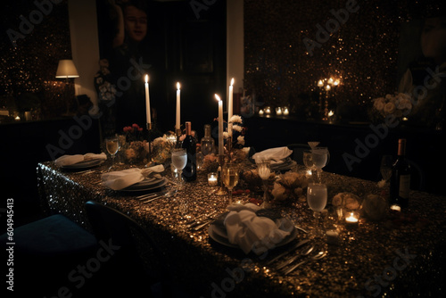 Candlelit dining table covered in sparkling confetti during a New Year s Eve party