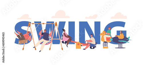Conceptual Poster with Children Joyfully Swinging On Swings, Laugh, Soar Higher And Higher Creating Memories Of Carefree