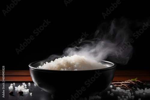 smoky hot rice in a black bowl, decorated with rice grains on the table, generative ai generated