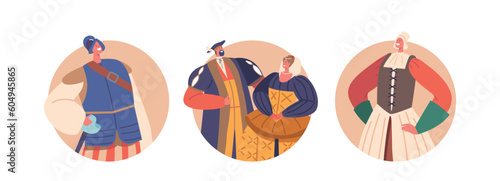 Elegant Male and Female Characters Dressed In Renaissance Era Costumes, Exuding Opulence, Sophistication
