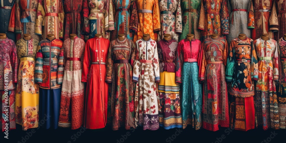 Traditional clothing from different countries and cultures, arranged in a harmonious pattern that showcases global diversity, concept of Fusion of cultures, created with Generative AI technology