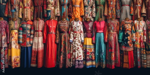 Traditional clothing from different countries and cultures, arranged in a harmonious pattern that showcases global diversity, concept of Fusion of cultures, created with Generative AI technology © koldunova