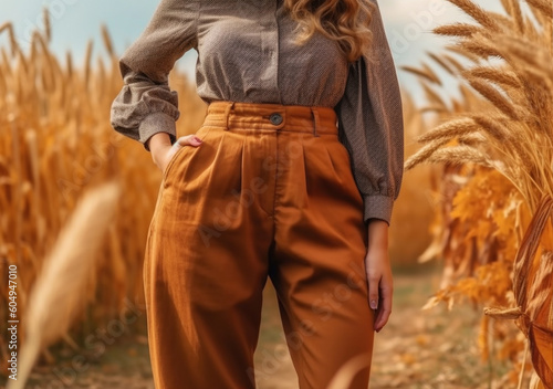 Young woman standing on a wheat field with sunrise on the background, AI Generated