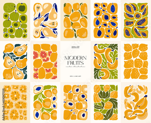 Fruits abstract elements. Food and healsy composition. Modern trendy Matisse minimal style. Fruits poster, invite. Vector arrangements for greeting card or invitation design