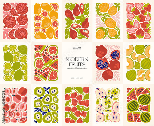 Fruits abstract elements. Food and healsy composition. Modern trendy Matisse minimal style. Fruits poster, invite. Vector arrangements for greeting card or invitation design