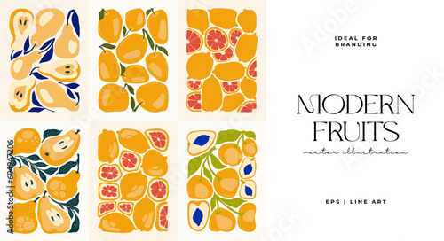 Fruits abstract elements. Food and healsy composition. Modern trendy Matisse minimal style. Fruits poster, invite. Vector arrangements for greeting card or invitation design