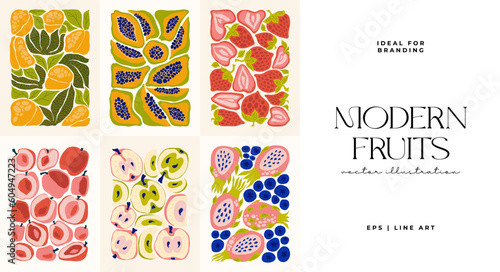 Fruits abstract elements. Food and healsy composition. Modern trendy Matisse minimal style. Fruits poster, invite. Vector arrangements for greeting card or invitation design
