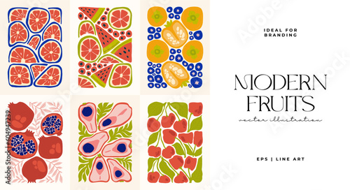 Fruits abstract elements. Food and healsy composition. Modern trendy Matisse minimal style. Fruits poster, invite. Vector arrangements for greeting card or invitation design