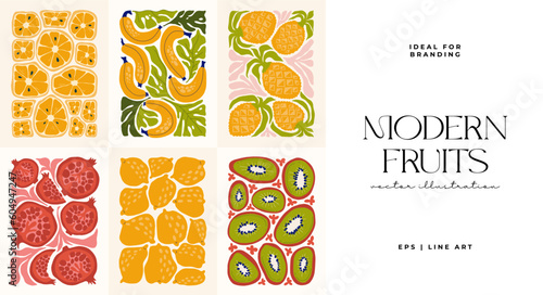 Fruits abstract elements. Food and healsy composition. Modern trendy Matisse minimal style. Fruits poster, invite. Vector arrangements for greeting card or invitation design photo