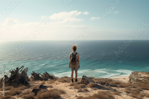 girl traveler on rock with sea background generative ai