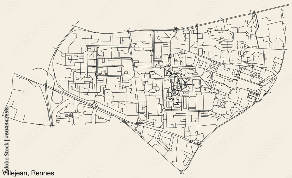 Detailed hand-drawn navigational urban street roads map of the VILLEJEAN SUB-QUARTER of the French city of RENNES, France with vivid road lines and name tag on solid background