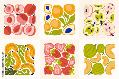 Fruits abstract elements. Food and healsy composition. Modern trendy Matisse minimal style. Fruits poster, invite. Vector arrangements for greeting card or invitation design