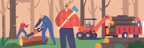 Lumberjack Team Prepares Wood With Precision. Male Characters Utilizing Sharp Axes, Powerful Chainsaws, Illustration