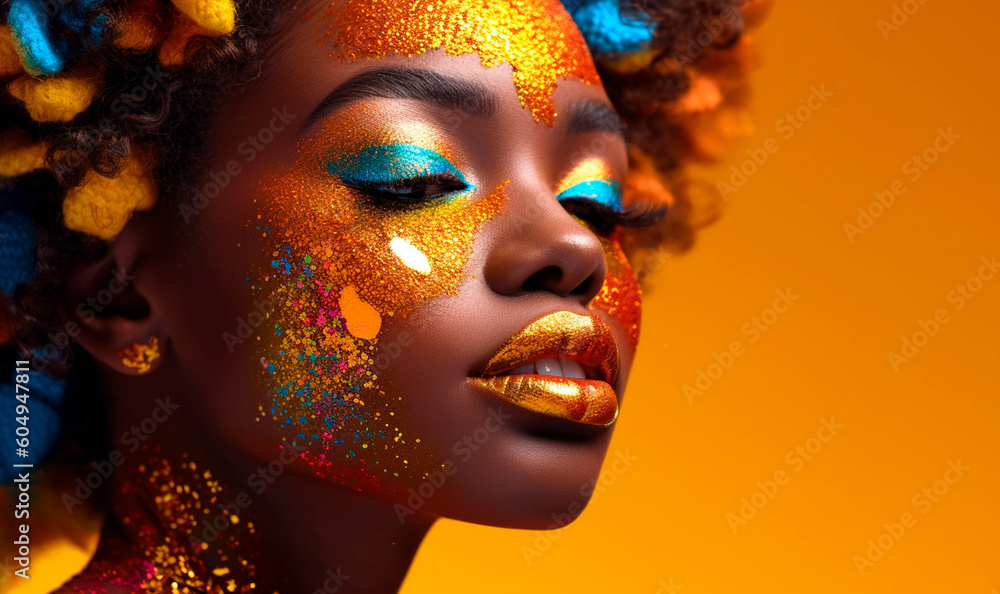 Generative Ai. beautiful african woman with colorful makeup and gold body paint Generative Ai. beautiful african woman with colorful makeup and gold body paint