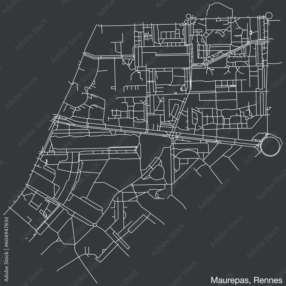 Detailed hand-drawn navigational urban street roads map of the MAUREPAS SUB-QUARTER of the French city of RENNES, France with vivid road lines and name tag on solid background