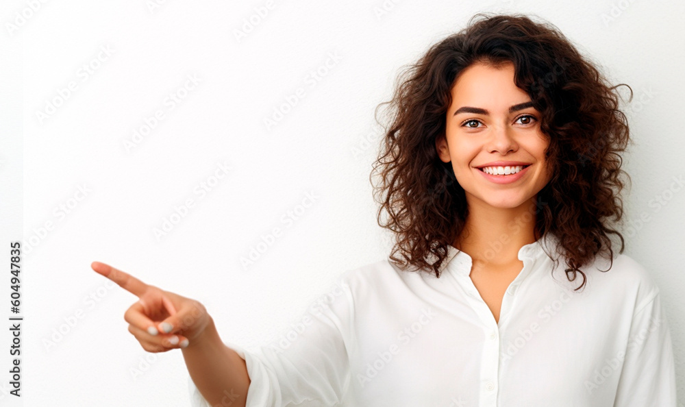 Generative Ai. a woman pointing at something with her finger Generative Ai. a woman pointing at something with her finger