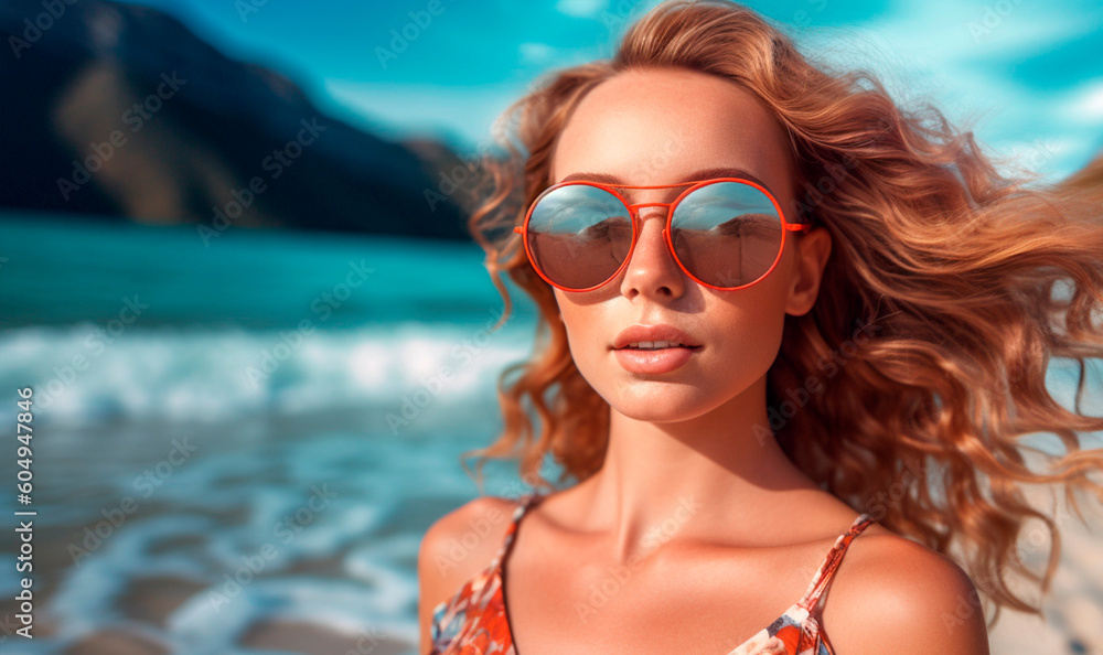 Generative Ai. a woman with sunglasses on the beach