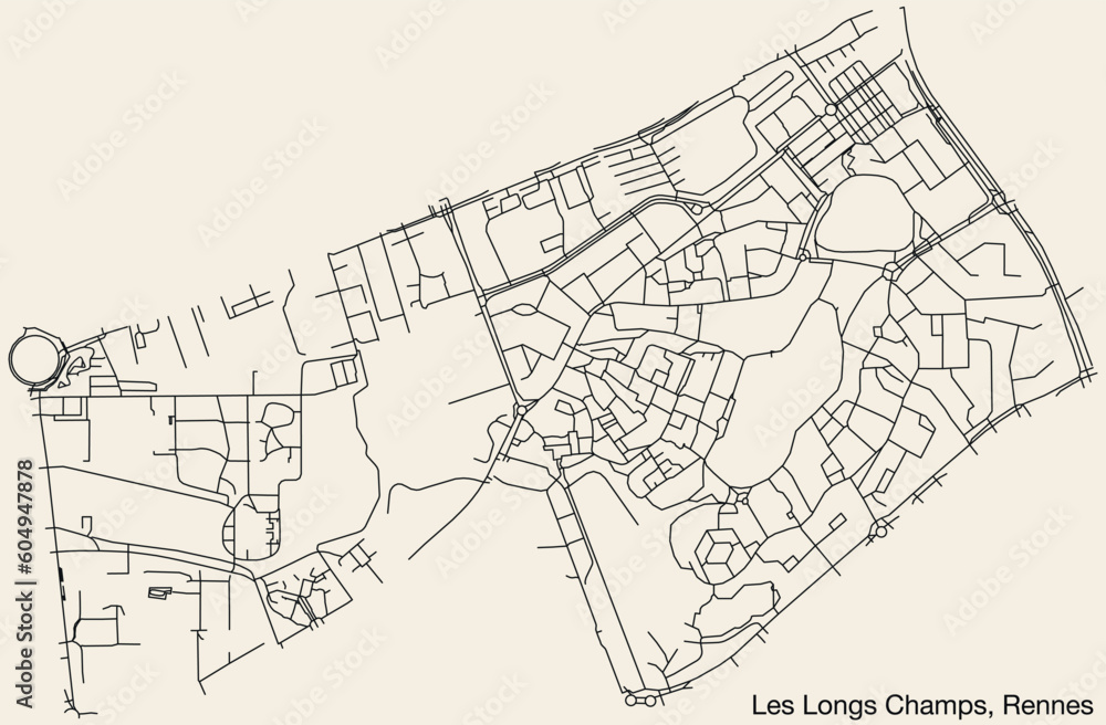Detailed hand-drawn navigational urban street roads map of the LES LONGS-CHAMPS SUB-QUARTER of the French city of RENNES, France with vivid road lines and name tag on solid background