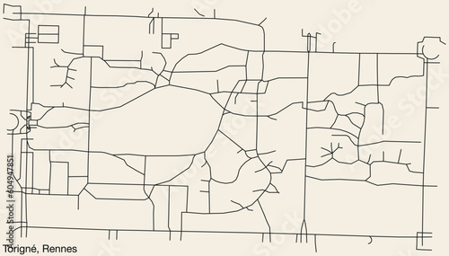 Detailed hand-drawn navigational urban street roads map of the TORIGNÉ SUB-QUARTER of the French city of RENNES, France with vivid road lines and name tag on solid background