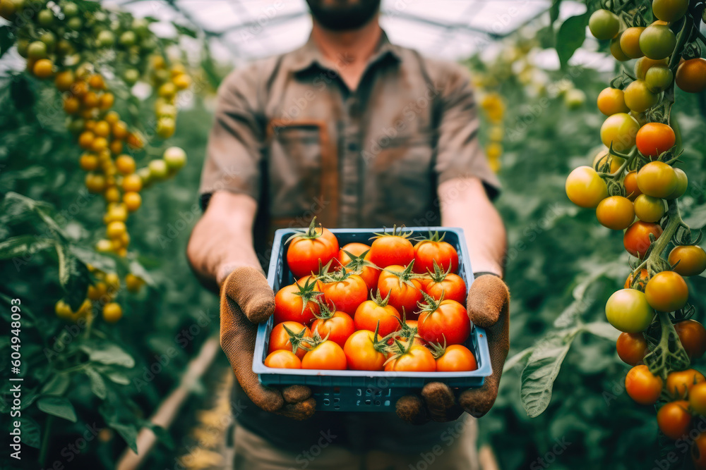 harvesting red tomatoes in a greenhouse.,box of tomatoes in hand generative ai