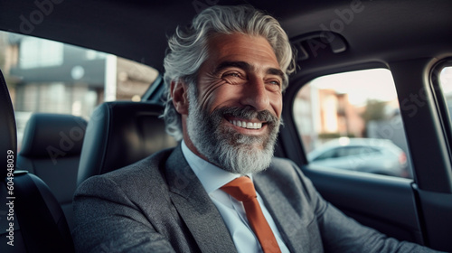 Generative Ai. smiling man in a car with a beard and orange tie