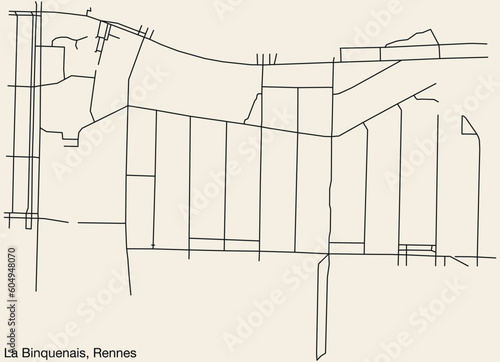 Detailed hand-drawn navigational urban street roads map of the LA BINQUENAIS  SUB-QUARTER of the French city of RENNES, France with vivid road lines and name tag on solid background
