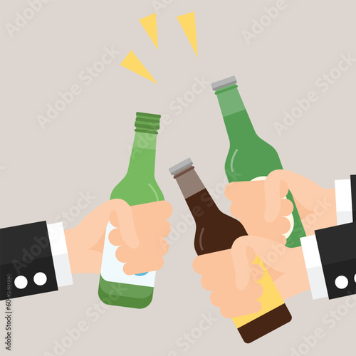 Flat icon of businessmen holding Bottle of Beer and Soju. Celebration