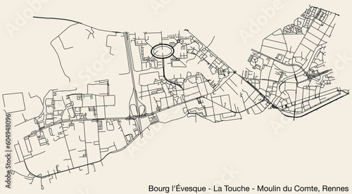 Detailed hand-drawn navigational urban street roads map of the BOURG-L'ÉVESQUE - LA TOUCHE - MOULIN DU COMTE SUB-QUARTER of the French city of RENNES, France with vivid road lines and name tag on soli