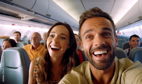 Generative Ai. a man and woman are smiling while on an airplane