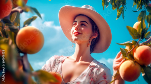 Generative Ai. a woman in a hat stands in front of a peach tree