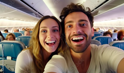 Generative Ai. a man and woman smiling while sitting on an airplane
