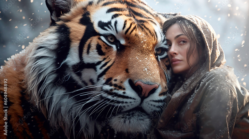 Fototapeta premium Generative Ai. a woman is hugging a tiger in the rain