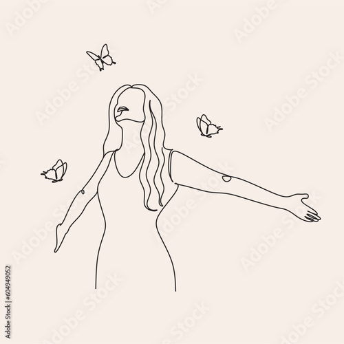 Freedom woman line art. Woman with butterfly. Abstract girl with butterfly by one line vector drawing. Portrait minimalistic style. Relax relaxing illustration