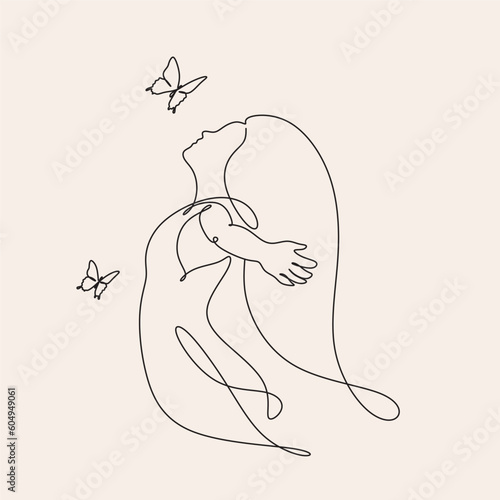 Freedom woman line art. Woman with butterfly. Abstract girl with butterfly by one line vector drawing. Portrait minimalistic style. Relax relaxing illustration