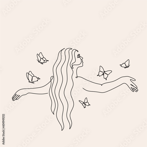 Freedom woman line art. Woman with butterfly. Abstract girl with butterfly by one line vector drawing. Portrait minimalistic style. Relax relaxing illustration