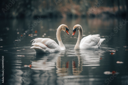 white pair of swans in love on the water generative ai