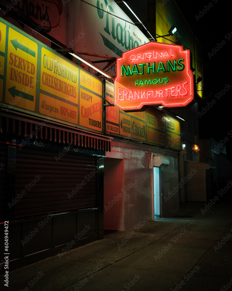 Nathans Famous neon sign at night in Coney Island, Brooklyn, New York Stock  Photo | Adobe Stock