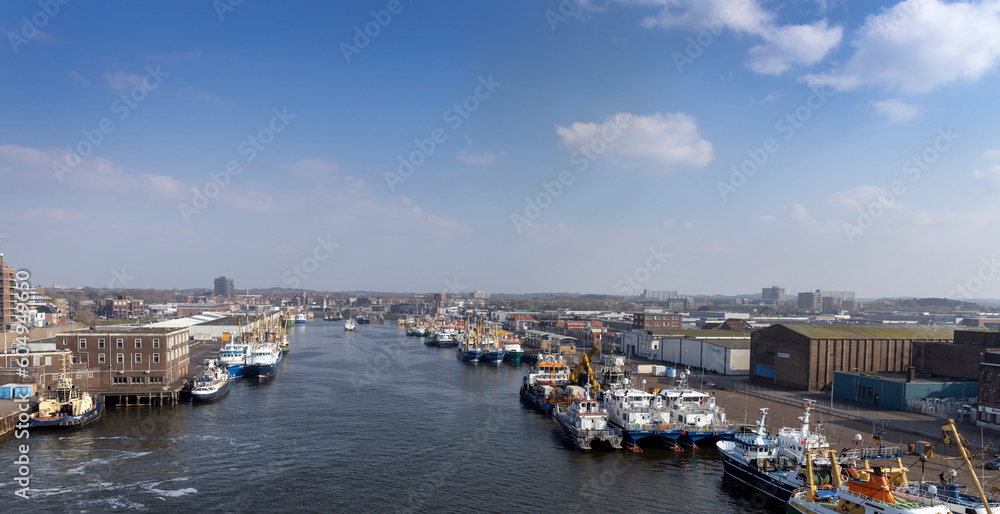 Harbour of IJmuiden Netherlands. Ferry to England. Noordzeekanaal. Panorama. 