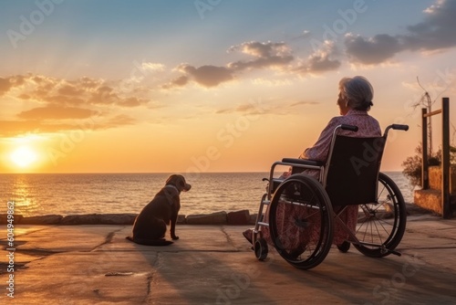 Senior woman in the wheelchair enjoying the view on the beach with her dog from her room. Created with generative AI
