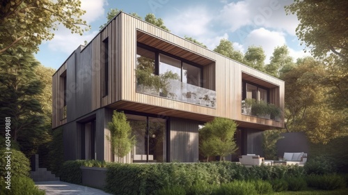 Beautiful modern architectural house, eco-friendly wood structure concept, seamlessly integrating with nature. Created by AI. © qntn