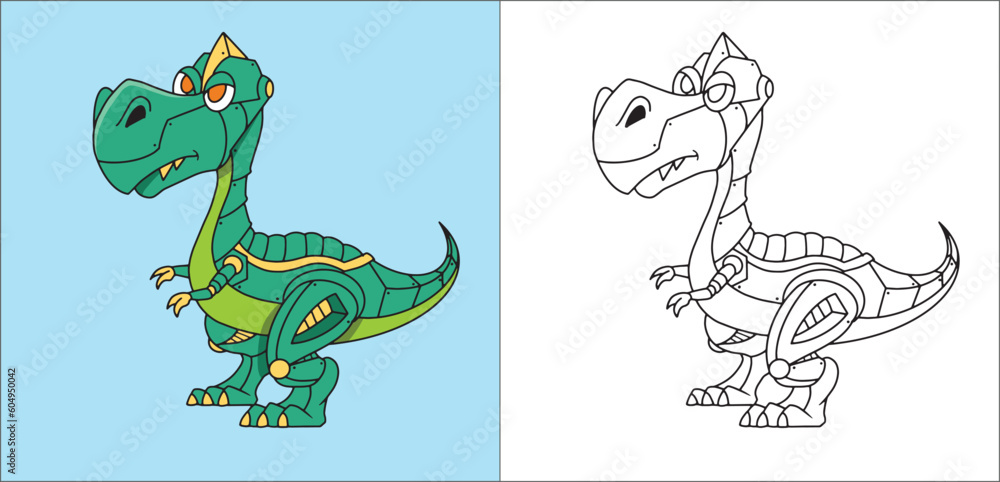 Obraz premium Dino Robot Mecha Raptor or Trex Coloring Book for Kids 2D Cartoon Style 2