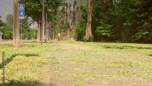 A man is clining the cut grass with air off the road on a summer day. photo