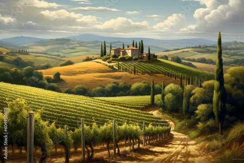 A serene image of the Tuscan countryside  with rolling hills  vineyards  and cypress trees  depicting the tranquility and beauty of the region. Generative Ai